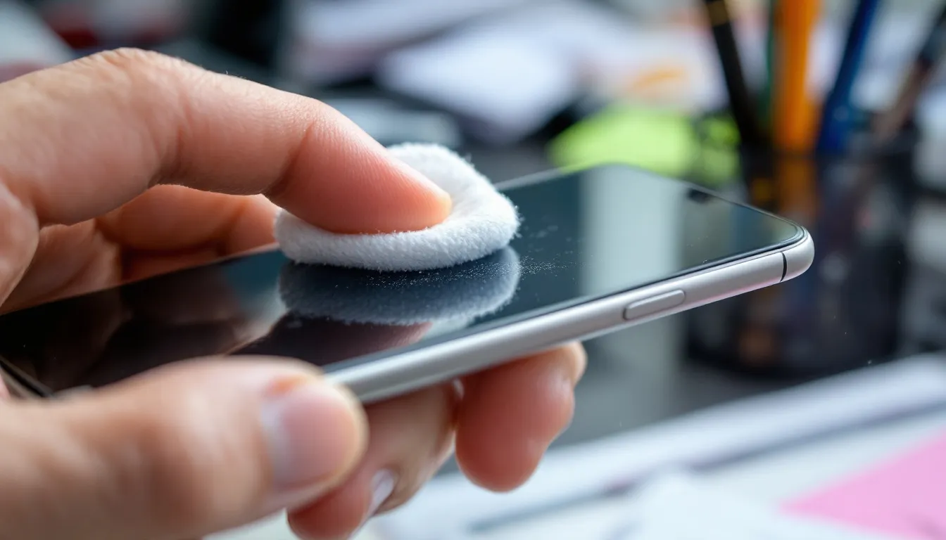 . The image depicts a person carefully cleaning their smartphone screen with a microfiber cloth, ensuring that it remains in idealnym stanie. Surrounding the phone are various icons representing niepotrzebne pliki and aplikacje, highlighting the importance of czyszczenia telefonu for optimal performance. .