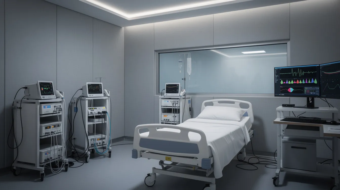 The image depicts a quiet clinical research facility equipped with advanced sleep monitoring equipment, designed for studies on sleep latency and disorders like narcolepsy and idiopathic hypersomnia. The room is set up for conducting clinical trials, ensuring a controlled environment for evaluating drug safety and efficacy in healthy volunteers and patients.