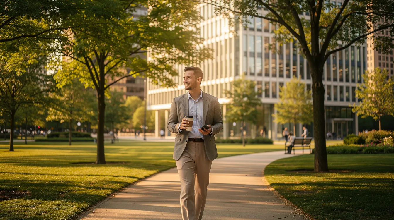 Un professionnel fait une pause en marchant dans un parc arboré, à proximité d'un immeuble de bureaux. Cet environnement calme lui permet de réfléchir à ses décisions et d'améliorer sa prise de décision efficace au travail.
