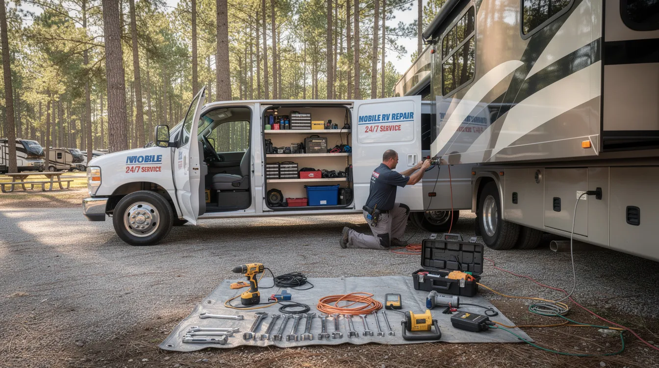 A mobile RV repair technician's service van is parked next to a large motorhome at a campground, with various tools laid out for diagnosing issues like a leaking RV air conditioner. The scene highlights the importance of professional service for RV owners, ensuring their cooling systems can effectively blow cool air during warm weather.
