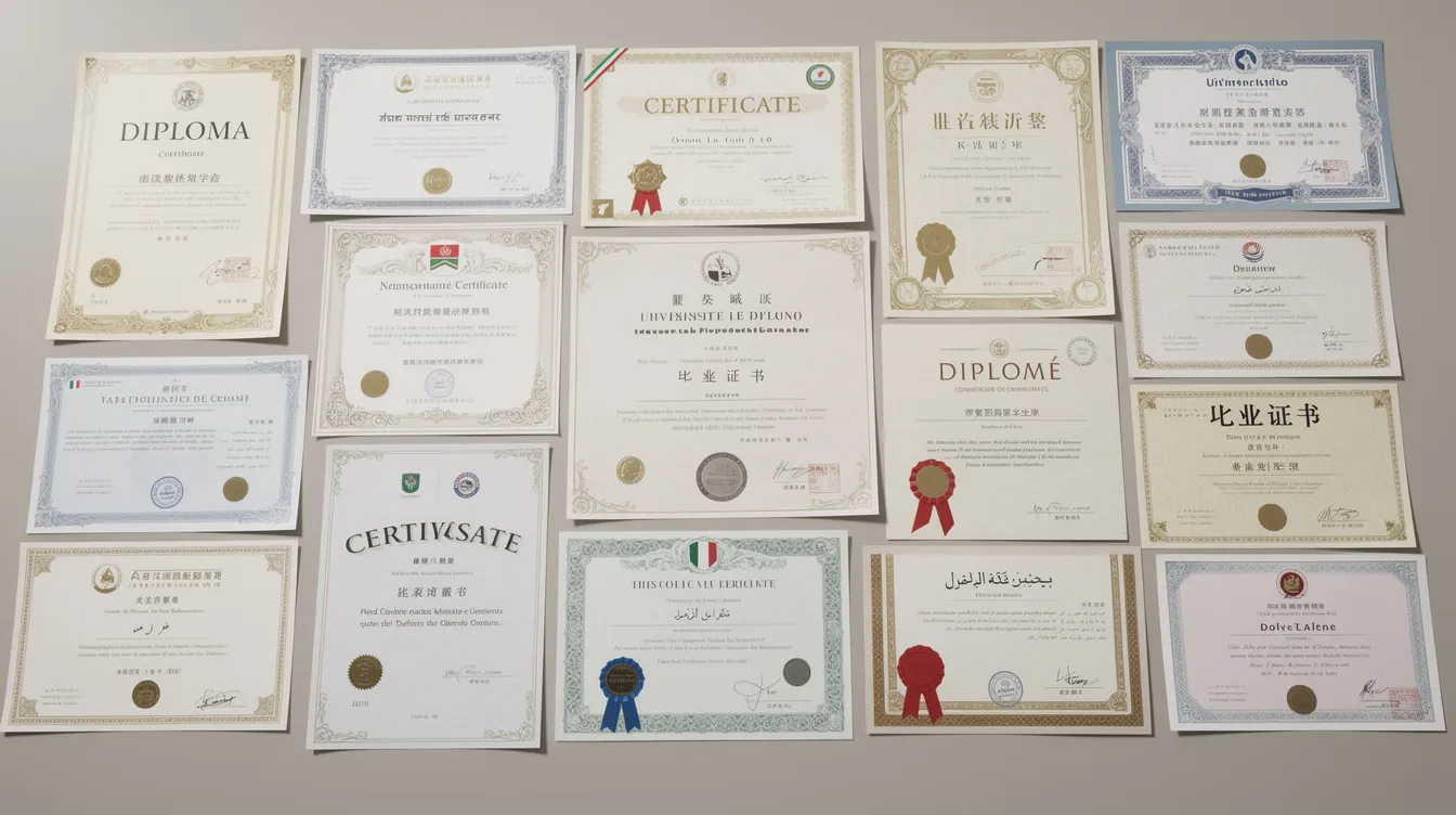 The image displays an array of diplomas from various countries, showcasing a diversity of academic credentials such as high school diplomas, bachelor's degrees, and master's degrees. Each diploma is an official document featuring signatures, seals, and titles, symbolizing the graduates' achievements and future opportunities in the workforce.