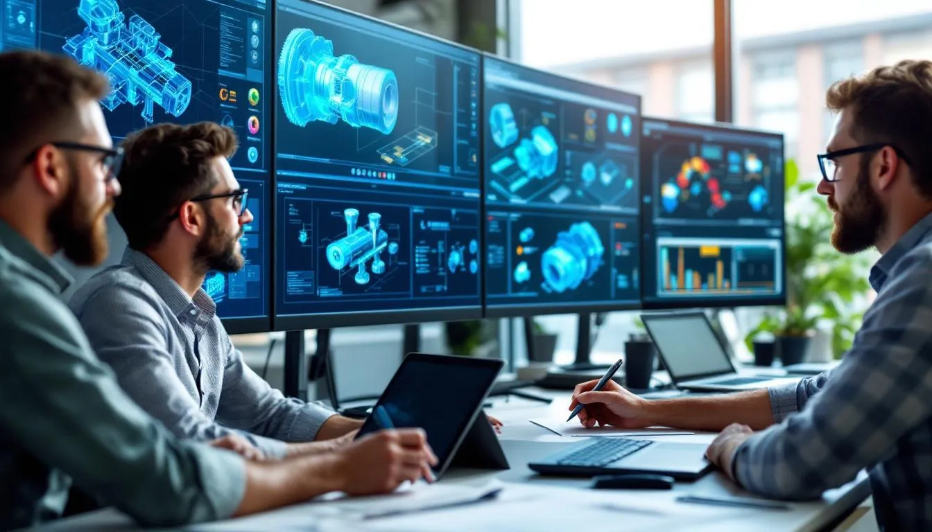 In the image, a group of engineers is collaborating around a computer workstation, which displays intricate CAD models and control system diagrams related to mechatronic systems. The scene highlights the multidisciplinary nature of mechatronics engineering, showcasing the integration of mechanical and electrical components in advanced manufacturing and automation processes.