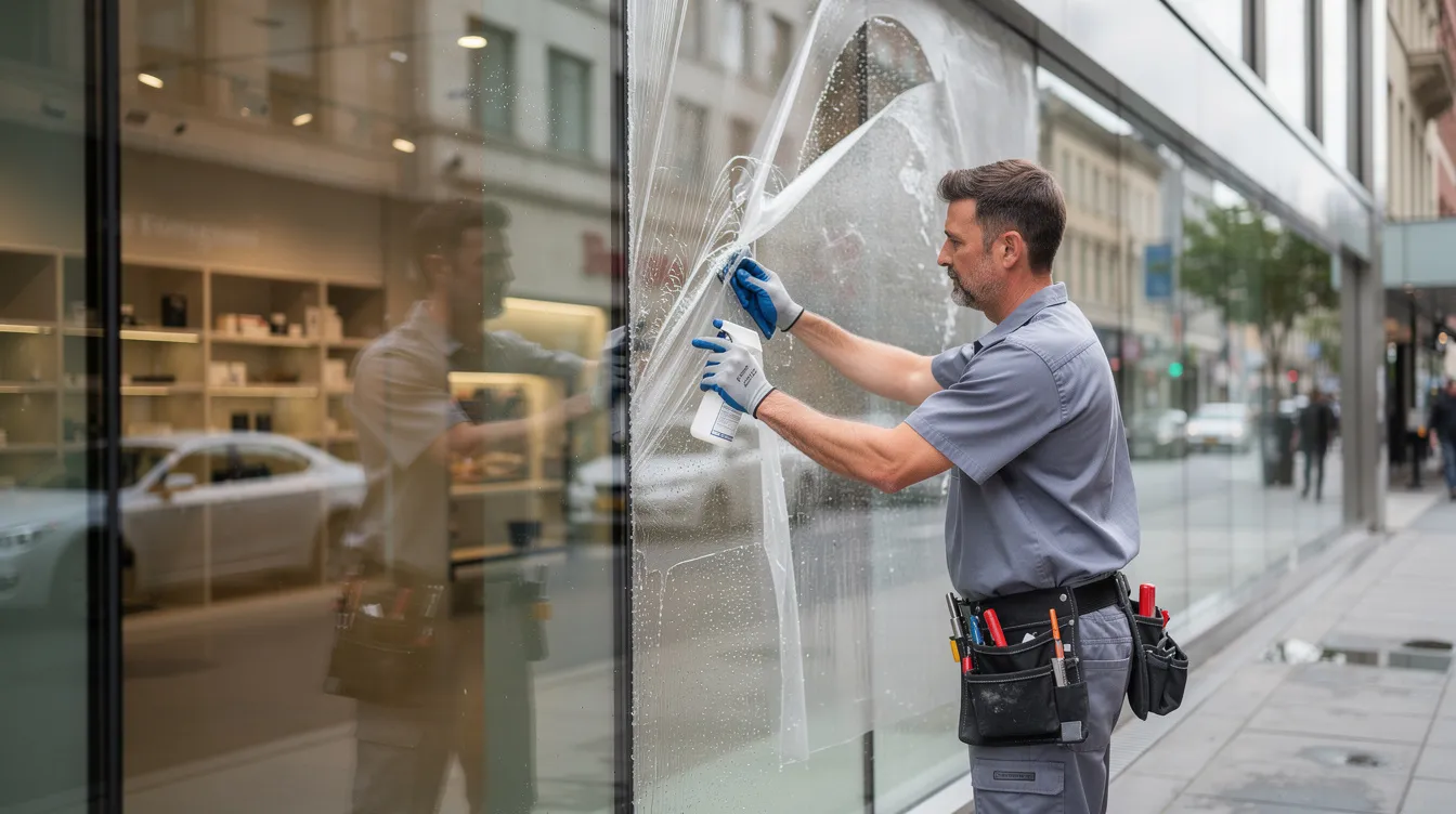 A technician is applying a thick transparent window film to a large commercial glass storefront window, enhancing security and protection against forced entry and broken glass. This installation not only improves safety but also helps in energy efficiency by blocking harmful UV rays while allowing natural light to enter the space.