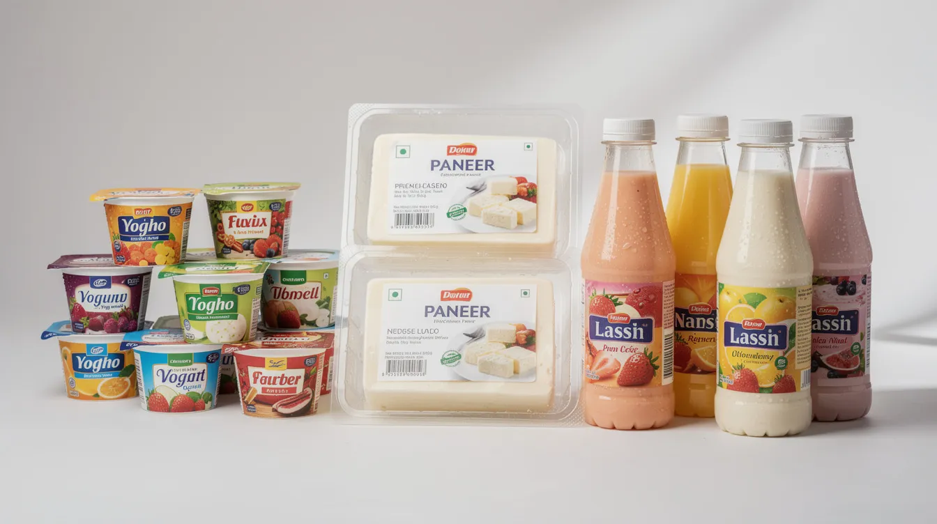 42eda0fc a89e 4ec4 a778 5ba434411b72 The image features an array of packaged dairy products, including yogurt cups, paneer blocks, and lassi bottles, arranged neatly on a clean surface, showcasing the variety of high-quality dairy products available in the market. This assortment reflects the growing consumer demand for value-added dairy products in the dairy industry.