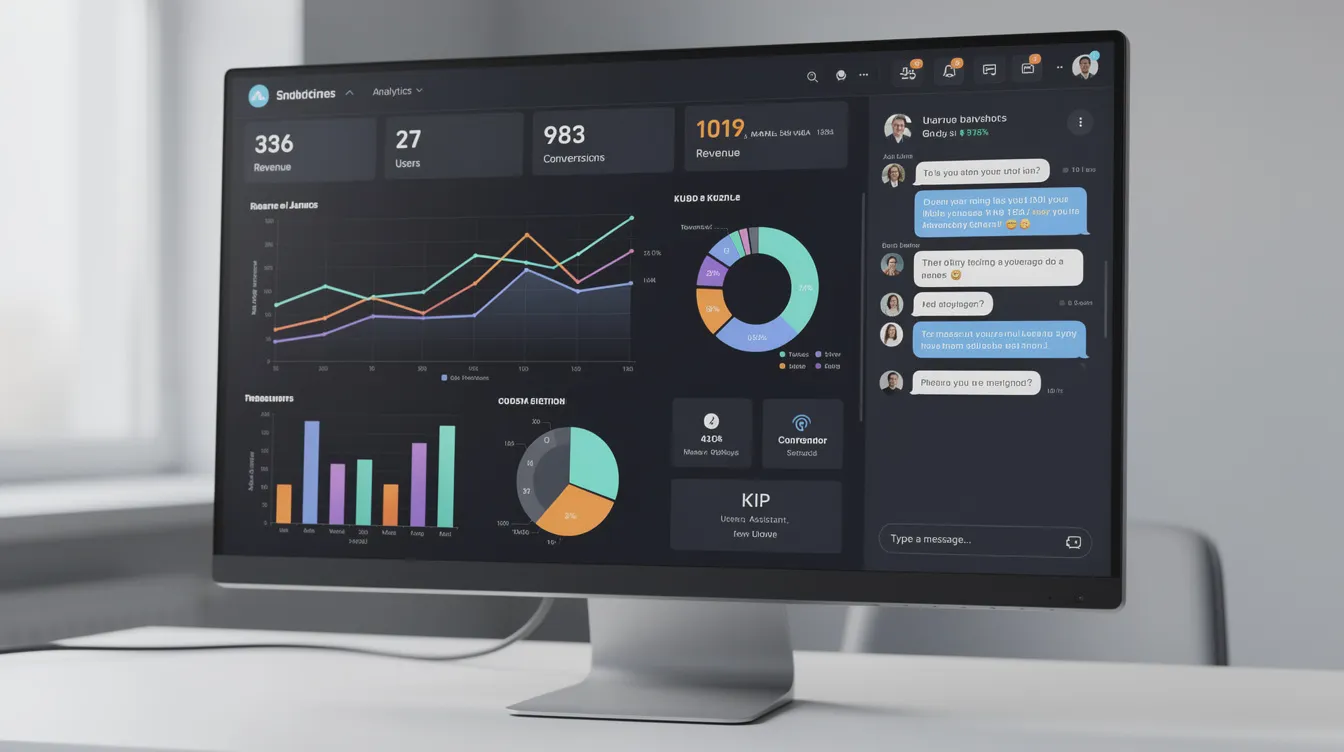 The image depicts a dashboard featuring various charts and graphs that visualize data trends, alongside a chat interface where users can input queries. This setup highlights the integration of retrieval augmented generation, allowing for the retrieval of relevant information from multiple data sources to enhance user interaction and generate accurate responses.