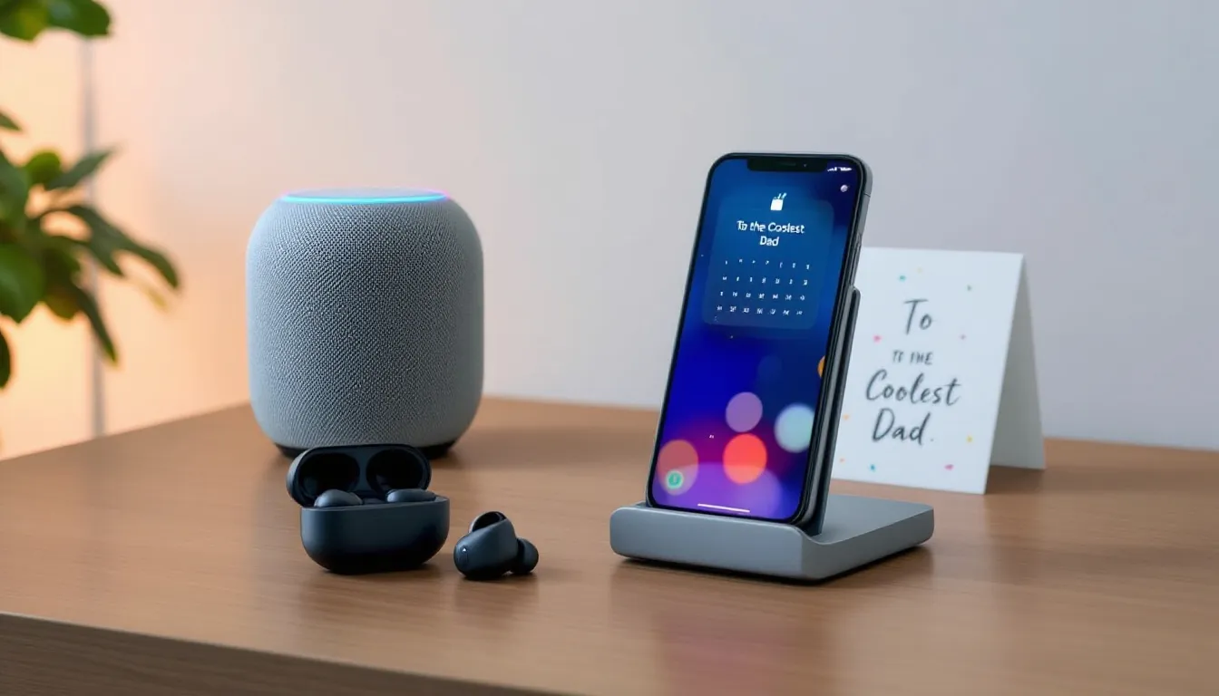 A stylish Father's Day gift setup featuring a smart home speaker, wireless earbuds, and a sleek phone stand, accompanied by a modern card that reads 'To the Coolest Dad', all arranged in a minimal layout that reflects appreciation for dads who love tech. This collection represents popular gifts that suit a sophisticated lifestyle, perfect for expressing love on Father's Day.