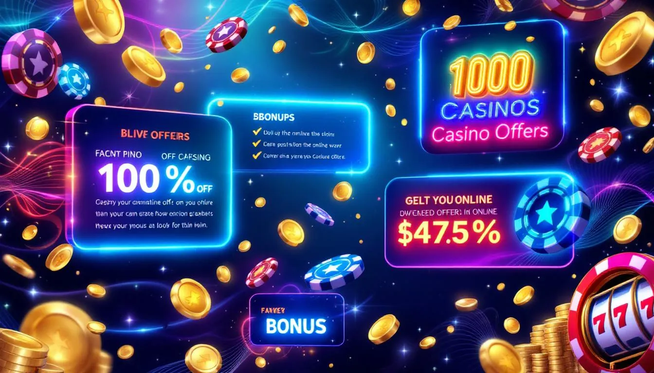 An assortment of promotional offers and bonuses from online casinos.