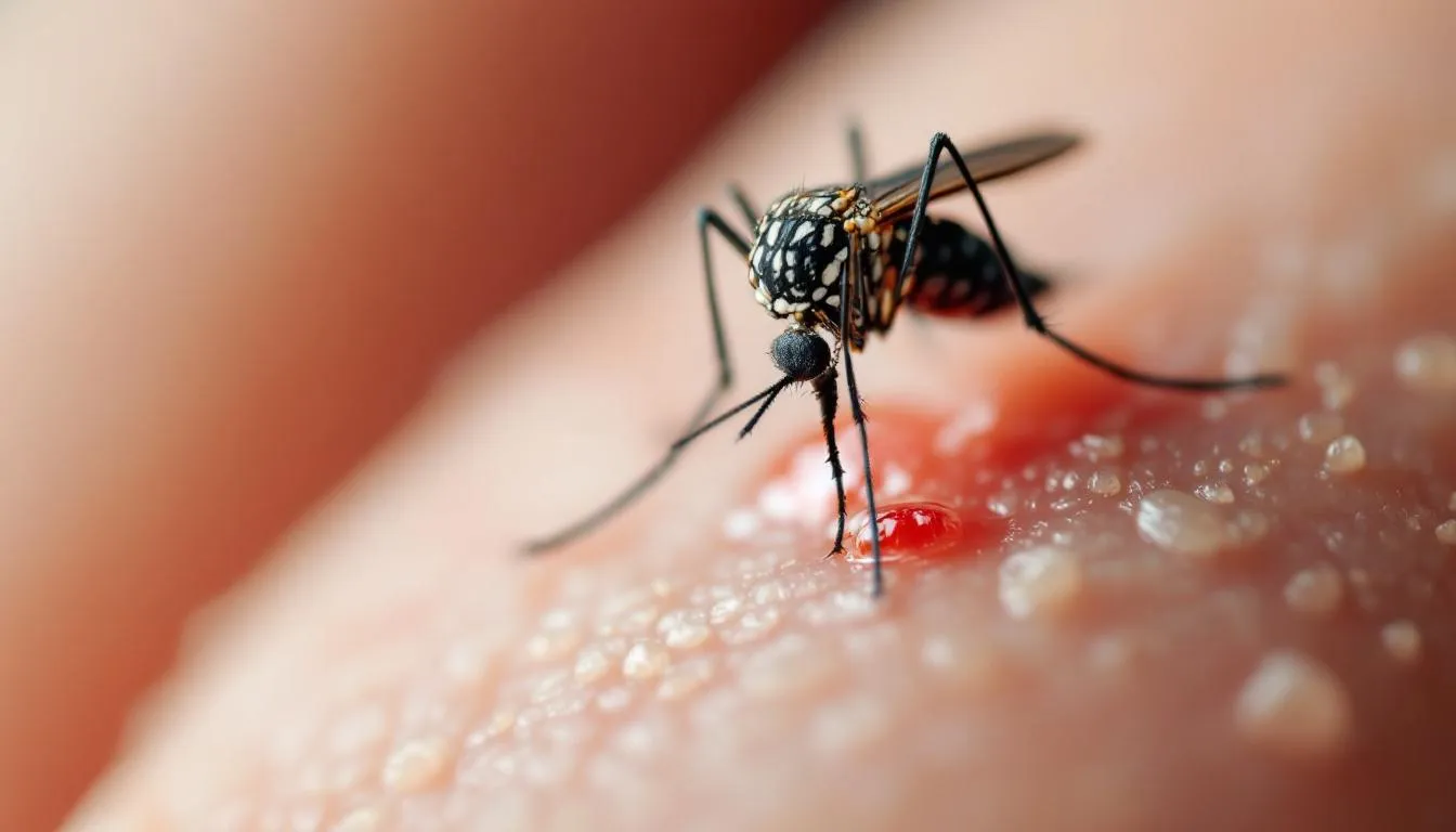 A close-up view shows a mosquito feeding on human skin, highlighting the potential for disease spread as the insect can transmit various infectious diseases. The image emphasizes the importance of awareness regarding infections spread by insects, which can pose significant health risks.