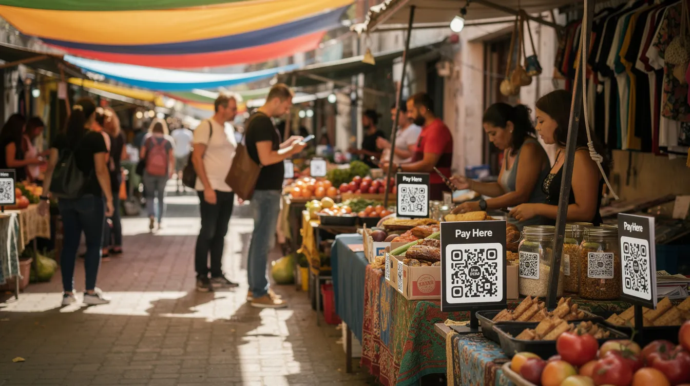 The image depicts a bustling outdoor street market where various vendors showcase signs promoting QR code payments, highlighting the use of digital wallets like Apple Pay and Google Pay for contactless transactions. This scene illustrates the growing trend of mobile payments and digital wallet solutions in everyday transactions.
