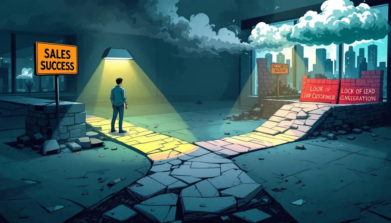 The image illustrates various hidden obstacles that can sabotage sales success, featuring sales leaders and sales reps engaged in a discussion. It highlights the importance of focused conversations and effective communication strategies to overcome struggles and close more deals in a competitive marketplace.