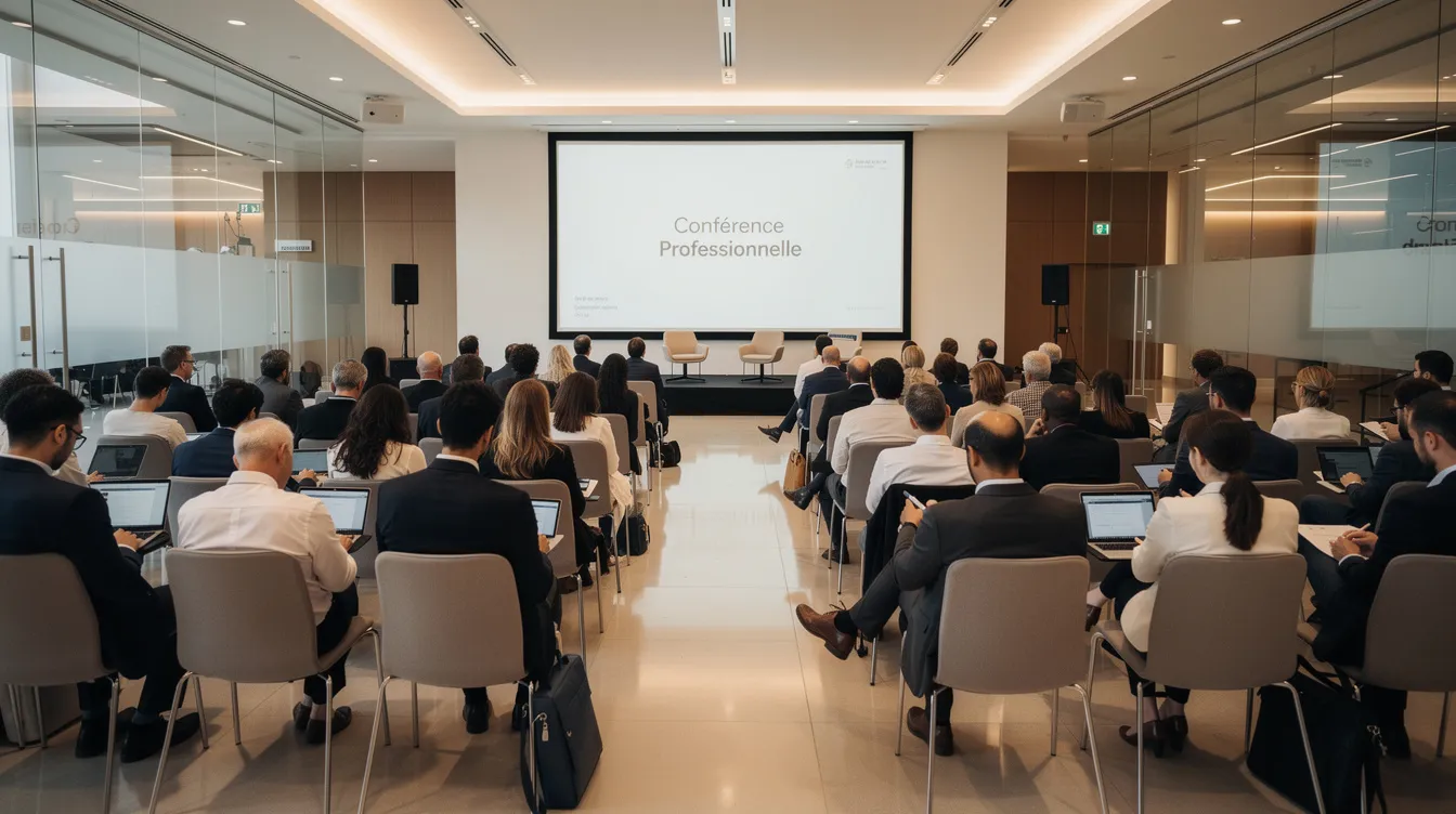 Une salle moderne accueille une conférence professionnelle où l'audience, composée de professionnels attentifs, écoute des intervenants partager des techniques de prospection commerciale pour trouver de nouveaux clients. L'atmosphère est studieuse, favorisant l'échange d'idées sur la stratégie commerciale et les outils de marketing.