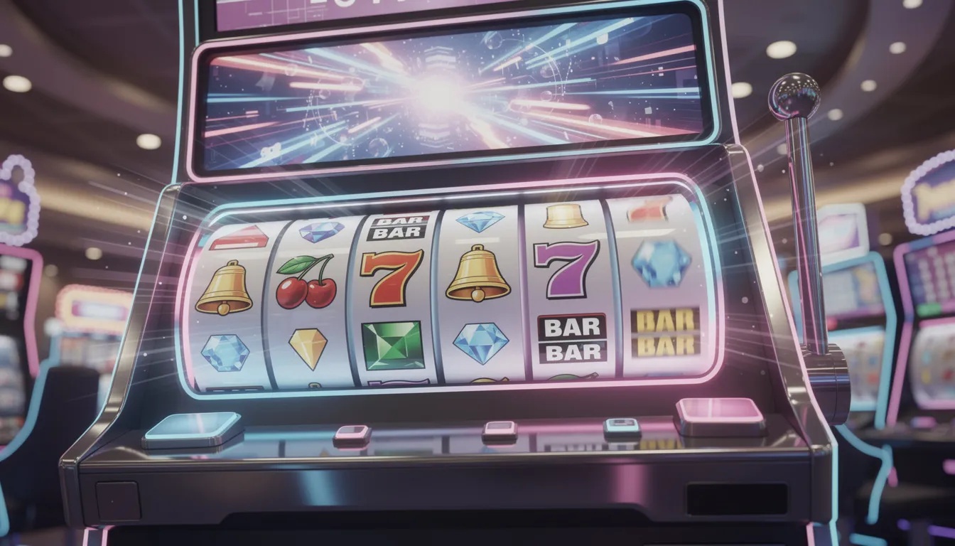 En färgglad spelautomat med snurrande hjul som visar olika symboler i en modern digital stil. Maskinen representerar ett exempel på online gaming och erbjuder möjligheter till vinster i dina favoritspel.