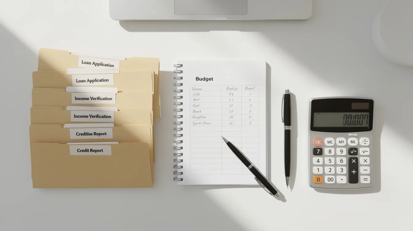 The image depicts an organized office desk featuring neatly arranged files, a calculator, and a notebook, symbolizing the preparation process for loan applications, such as Mudra loans for micro enterprises. This setup reflects the essential documentation and planning needed for eligible borrowers to secure financial assistance from a bank or financial institution.