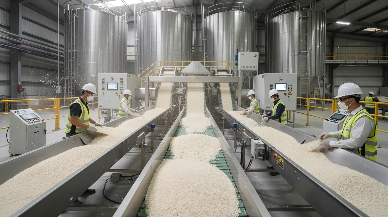 42f862d1 8e9b 4eda baf4 bbf2fc8ea6e2 The image depicts an industrial rice processing facility featuring conveyor belts and storage silos, with workers in protective gear monitoring the flow of raw rice grains through the production line. This high-efficiency environment is essential for the manufacturing process of puffed rice and other value-added rice products.