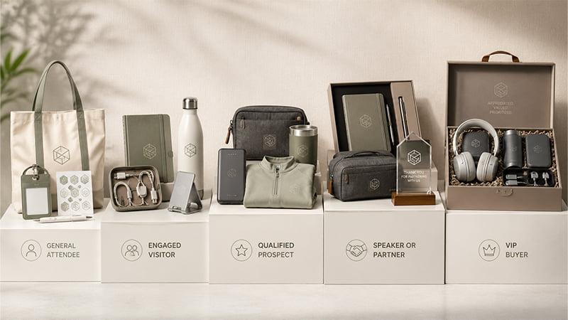 Audience-based event swag kits with branded gifts for attendees, visitors, prospects, partners, and VIP buyers