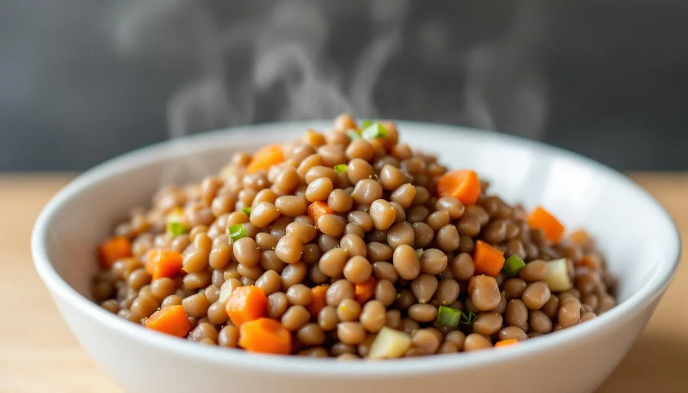 A bowl of properly cooked brown lentils sits on a surface, ready for dogs to enjoy as part of a balanced diet. These lentils provide nutritional benefits, including dietary fiber and protein, making them a great addition to a dog