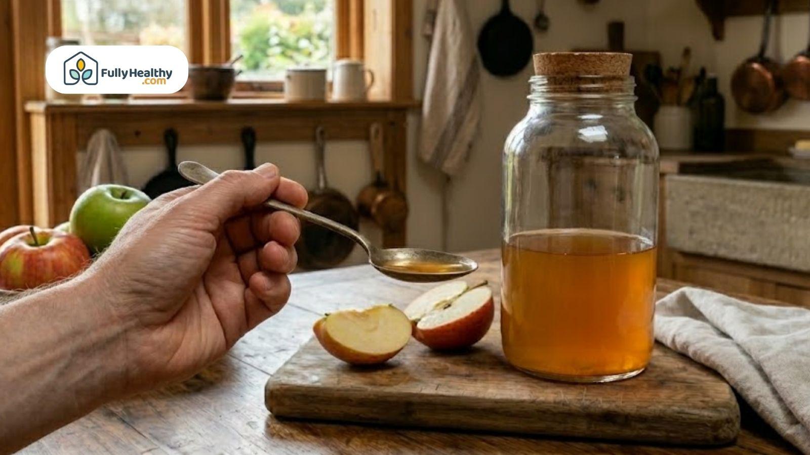 Hand holding a spoon of apple cider vinegar next to a glass jar with sliced apples on a cutting board