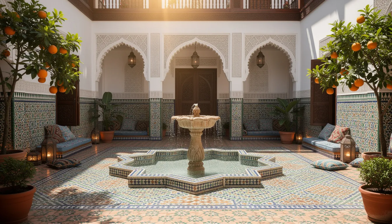 The image depicts a traditional Moroccan riad courtyard featuring a central fountain surrounded by vibrant, colorful tiles. This serene space showcases the intricate design elements typical of Moroccan architecture, inviting visitors to explore the rich culture and history of Morocco.