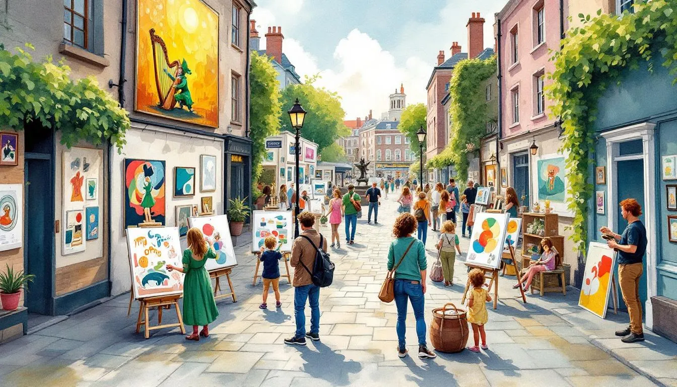 An art show event in Dublin featuring various artists and artworks.