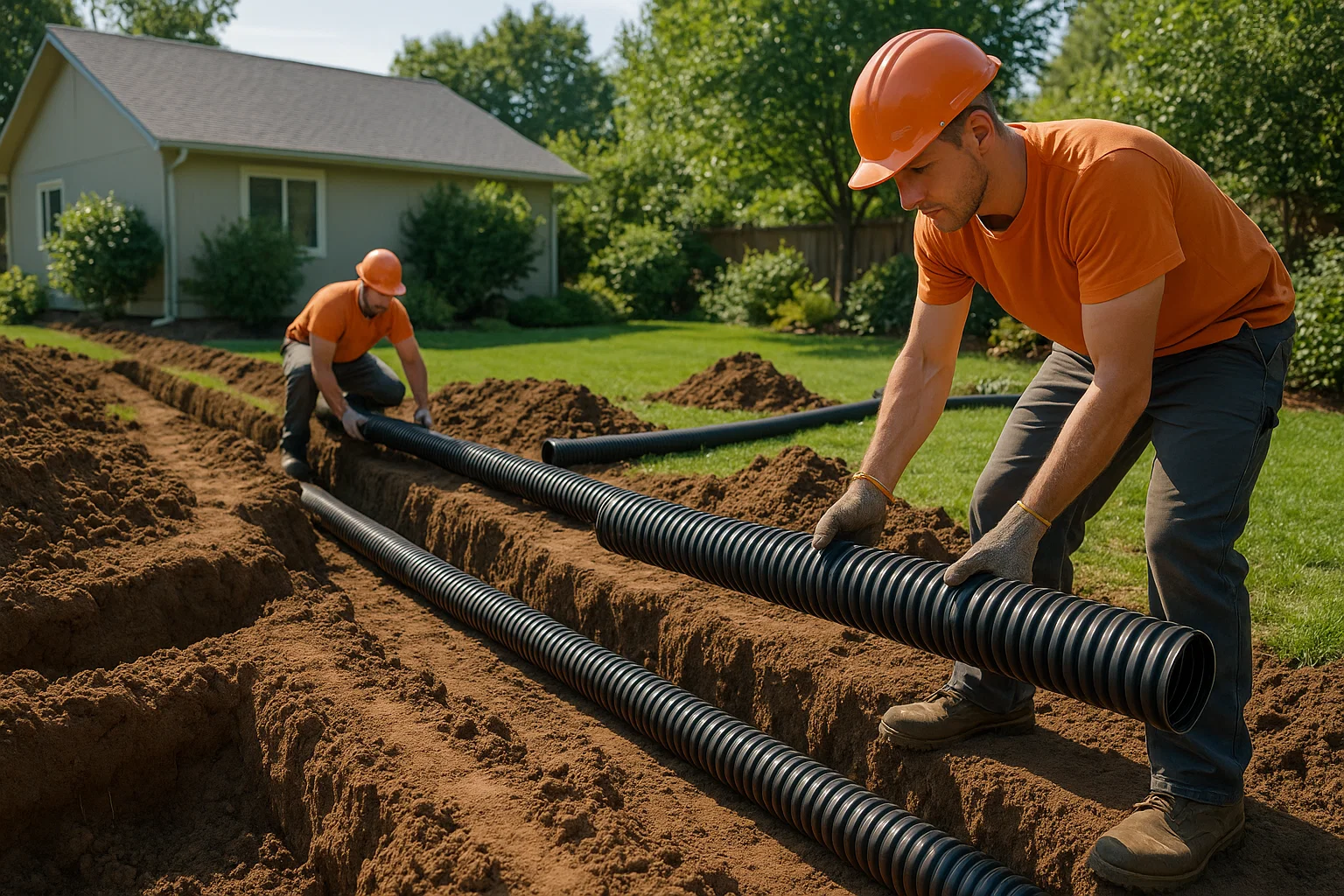Garden drainage pipes being installed during groundwork preparation.