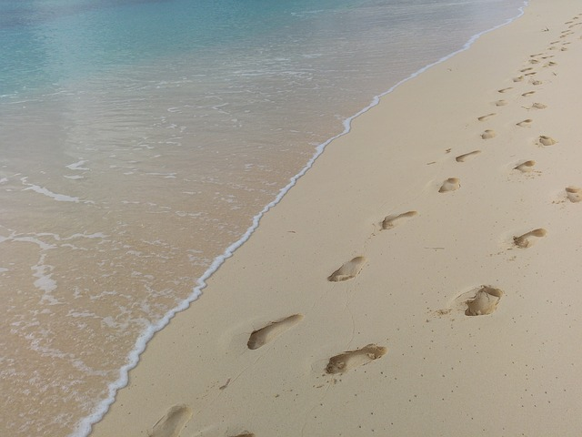 footprints, beach, water