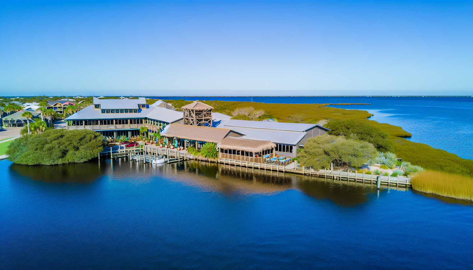 Aerial view of Pelican Landing restaurant on the waterfront