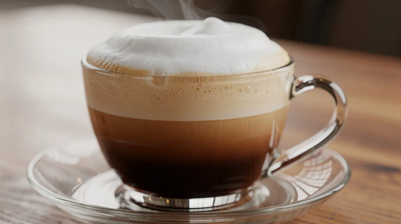 Un capuchino cremoso se presenta en una taza de vidrio transparente, permitiendo ver las distintas capas de leche espumada y café que lo componen. La bebida, con su textura suave, invita a disfrutar de una experiencia única.