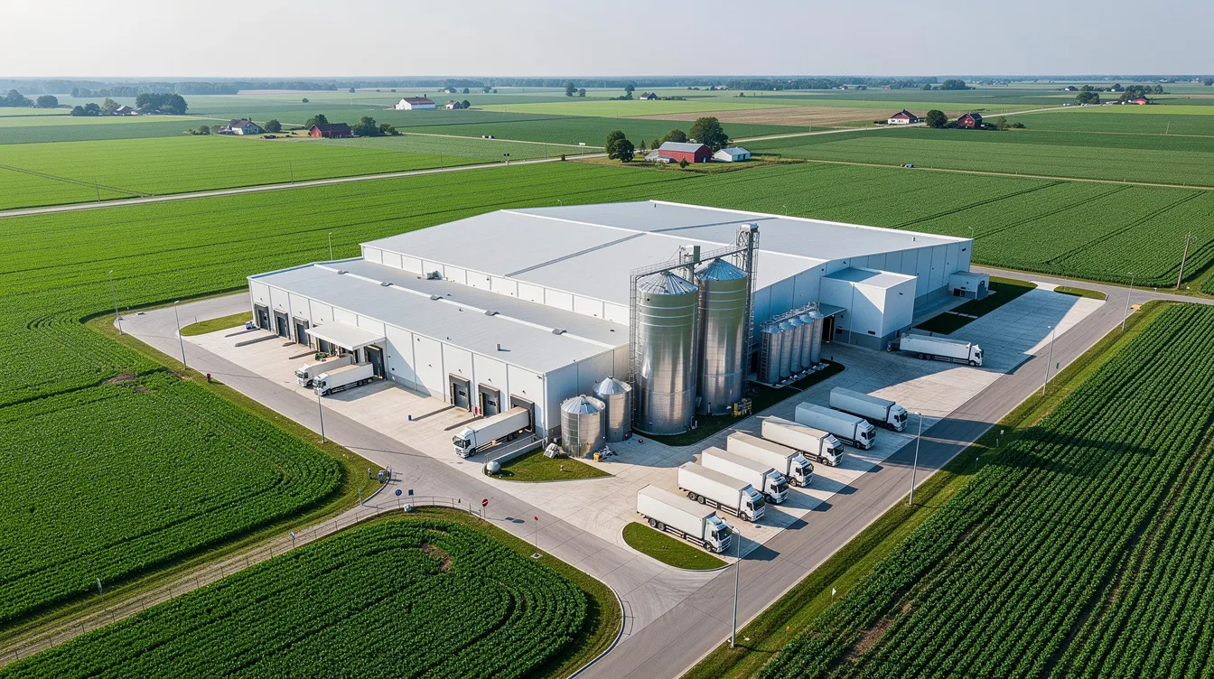 430ba3f6 0f4e 44a9 adfa cea7f9040e8e An aerial view showcases a modern milk powder manufacturing plant set amidst lush green agricultural land, highlighting the facility's role in the dairy processing industry. The image illustrates the expansive layout of the plant, emphasizing its significance in the global milk powder market and the efficient production process of various dairy products.