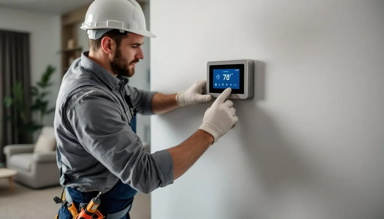 A professional HVAC technician is shown installing a thermostat, ensuring the air conditioning system operates at optimum cooling capacity. The technician is focused on the task, which is crucial for maintaining indoor air quality and the overall efficiency of the AC unit.