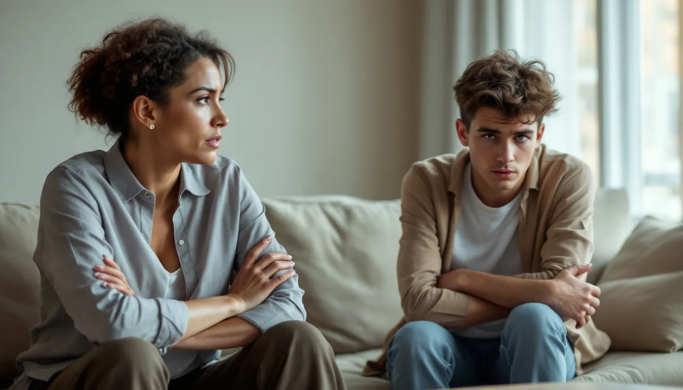 A parent and teenager are engaged in a serious conversation in a cozy living room, highlighting the importance of discussing mental health issues that can affect adolescents, such as anxiety disorders and depressive disorders. The setting emphasizes the need for open communication to promote emotional well-being and address any mental health concerns.