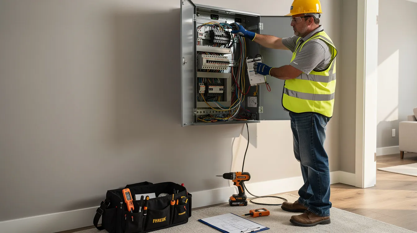 A licensed electrician is seen working on the installation of a new electrical panel in a residential setting, wearing safety equipment to ensure protection during the electrical work. The image highlights the importance of upgrading the home's electrical system to accommodate modern appliances and enhance energy efficiency.