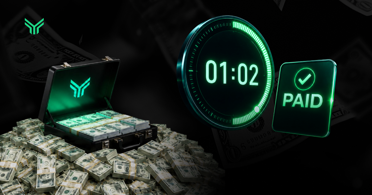 Promotional graphic from Funding Traders showing an open briefcase glowing with the brand logo, packed with cash and resting on a pile of dollar bundles against a black background. On the right, a glowing green digital timer displays 01:02 beside a badge marked "PAID" with a checkmark, conveying that trader payouts are processed in just over an hour