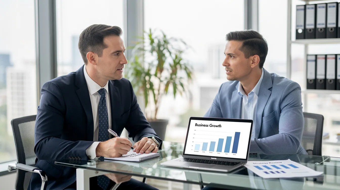 The image depicts a professional advisor engaging in a discussion with a business owner inside an office, likely about financial matters such as the employee retention credit (ERC) and its implications for their business operations. The setting suggests a collaborative atmosphere where the advisor is guiding the owner on how to claim eligible tax credits and navigate their income tax return.