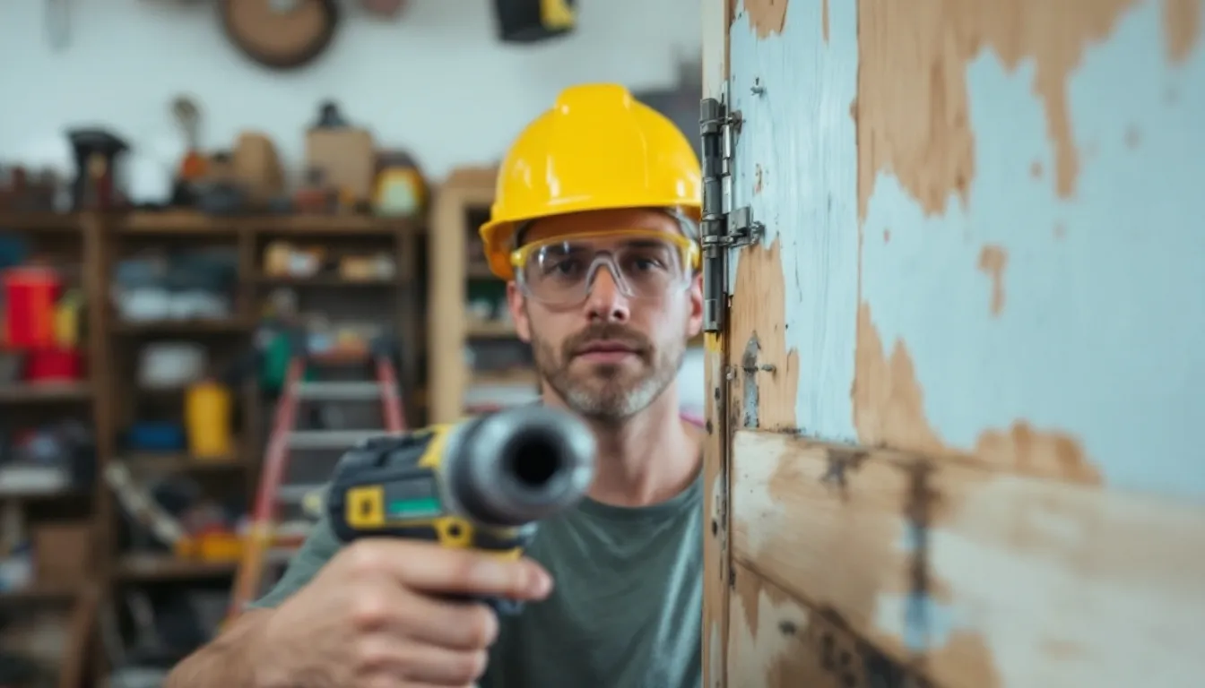 A person removing an old door from its frame.