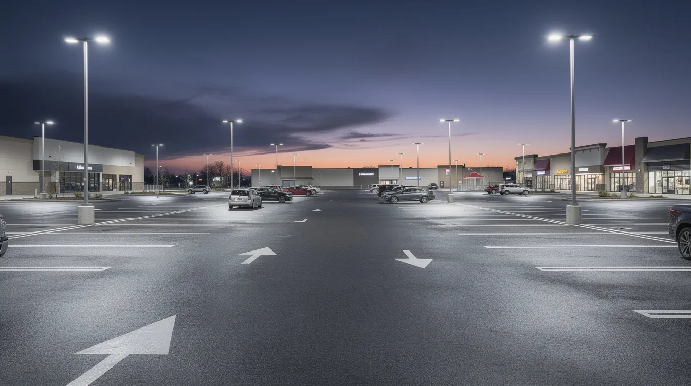 The image depicts a commercial parking lot at dusk, with visible pavement and overhead lighting illuminating the area. This setting could be relevant in discussions about premises liability, as property owners have a legal duty to maintain safe conditions to prevent slip and fall accidents and other premises liability injuries.