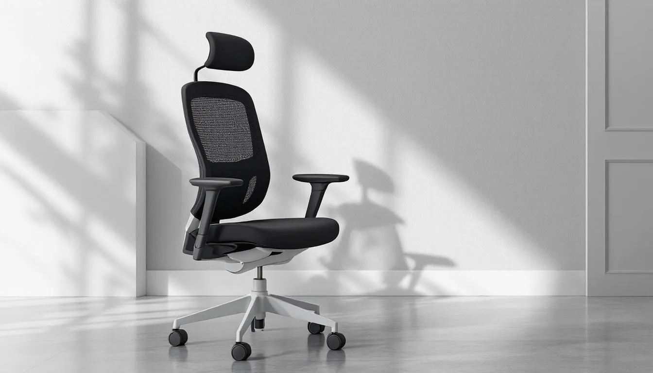 Key features of an ergonomic chair including adjustable armrests and lumbar support.