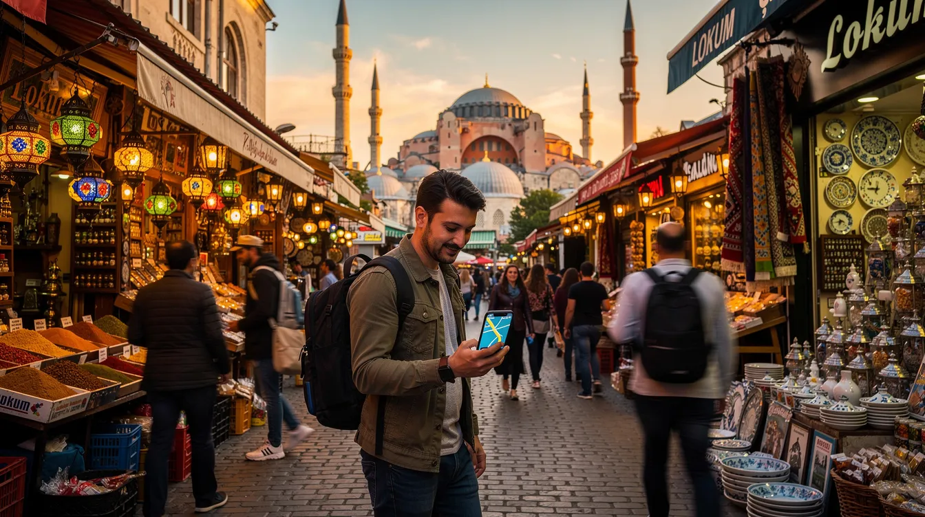 A traveler stands in a lively Istanbul street market, using a smartphone to navigate while the iconic Hagia Sophia looms in the background. This scene captures the essence of exploring Turkey, where finding a local SIM card for mobile data can enhance your travel experience.