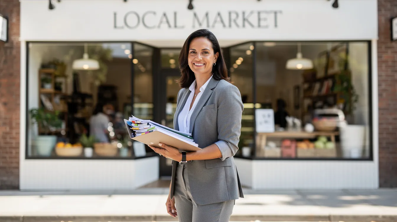 431c32b3 c6da 4eec 8783 8d894d2c5ed4 A confident small business owner stands in front of their shop, holding a file of documents that likely includes their business plan and financial records. This image symbolizes the journey of small and micro businesses seeking financial assistance, such as mudra loans, to enhance their business viability and repayment capacity.