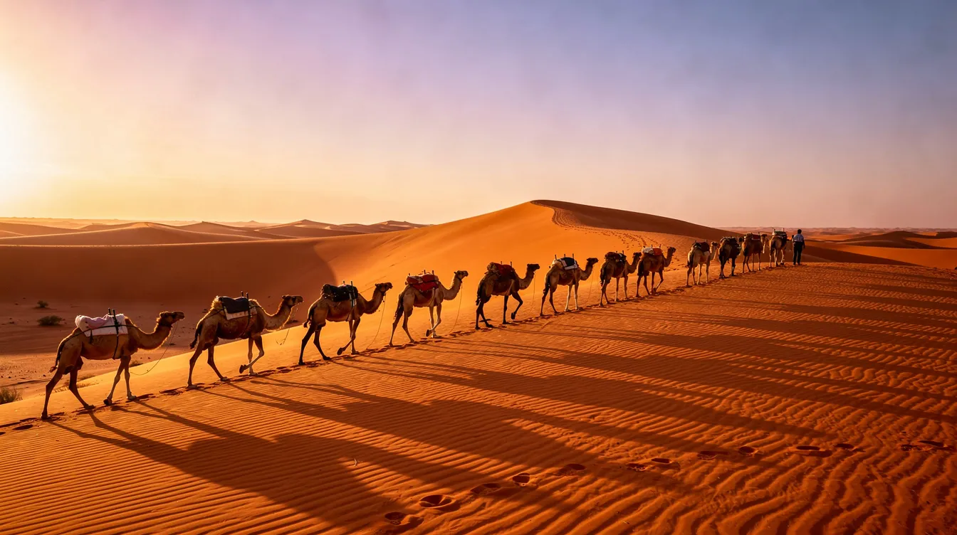 A caravan of camels walks gracefully across the golden sand dunes of the Sahara Desert at sunset, casting dramatic shadows against the vibrant orange sky. This picturesque scene captures the essence of a Morocco trip, showcasing the beauty of the largest hot desert in the world.