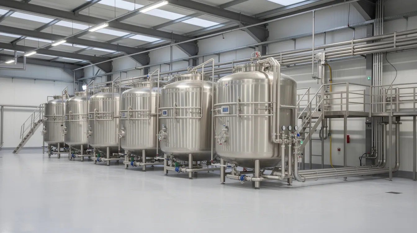 The image shows a clean factory hall featuring industrial stainless steel dairy processing tanks and extensive piping, essential for the efficient processing of milk and production of dairy products. This setup reflects the high standards of the dairy industry, emphasizing quality control and regulatory compliance to ensure safe and nutritious flavored milk options.