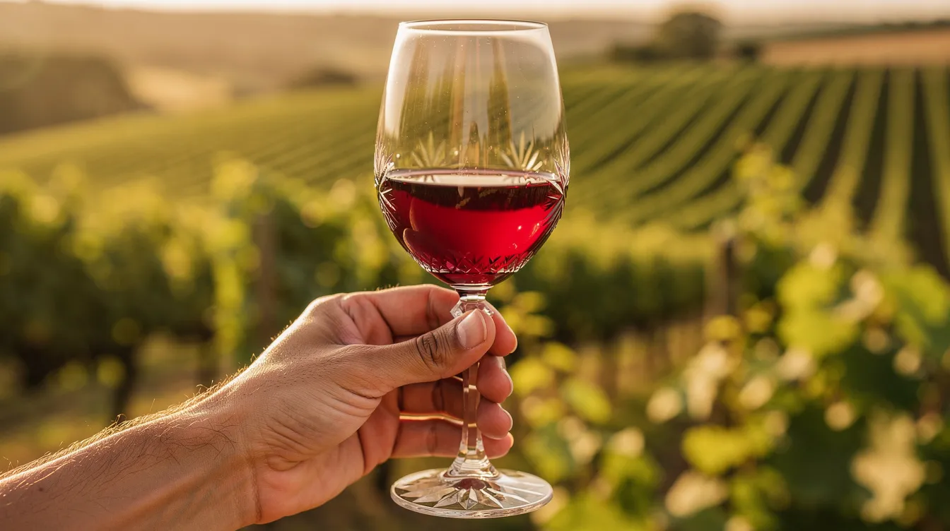 A close-up image shows a hand elegantly holding a glass of ruby-red wine outdoors, with blurred green vineyard rows in the background, evoking the refreshing essence of summer red wines. The vibrant color and soft texture suggest a delightful sip, perfect for warmer weather and enjoyable in the hot summer months.