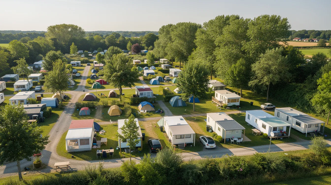 Vue aérienne d'un camping verdoyant où se côtoient tentes et mobil-homes, entourés d'arbres. Ce cadre naturel évoque l'importance de l'assainissement non collectif, notamment avec des solutions comme la micro station d'épuration pour le traitement des eaux usées.