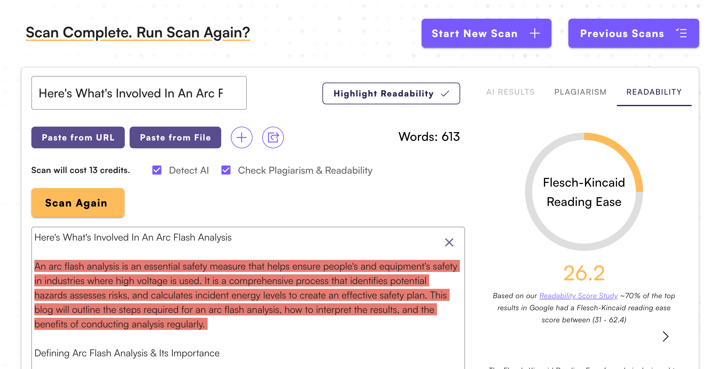 originality ai review - screenshot of scan for reading ease score