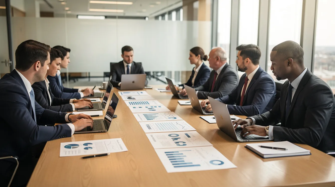 The image depicts a professional business meeting with several people seated around a table, equipped with laptops and documents, discussing various aspects of franchise ownership, including initial franchise fees and ongoing costs. The setting suggests a collaborative environment focused on understanding the financial commitments involved in starting and operating a successful franchise business.