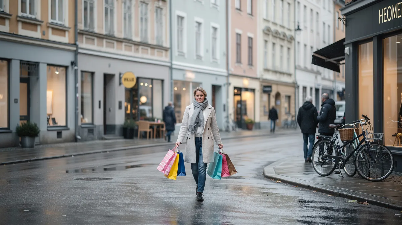 En person promenerar längs en livlig stadsgata i Göteborg, med shoppingkassar fyllda av inredning och unika detaljer från inredningsbutiker. I bakgrunden syns typiska skandinaviska byggnader och en atmosfär av stil och design.