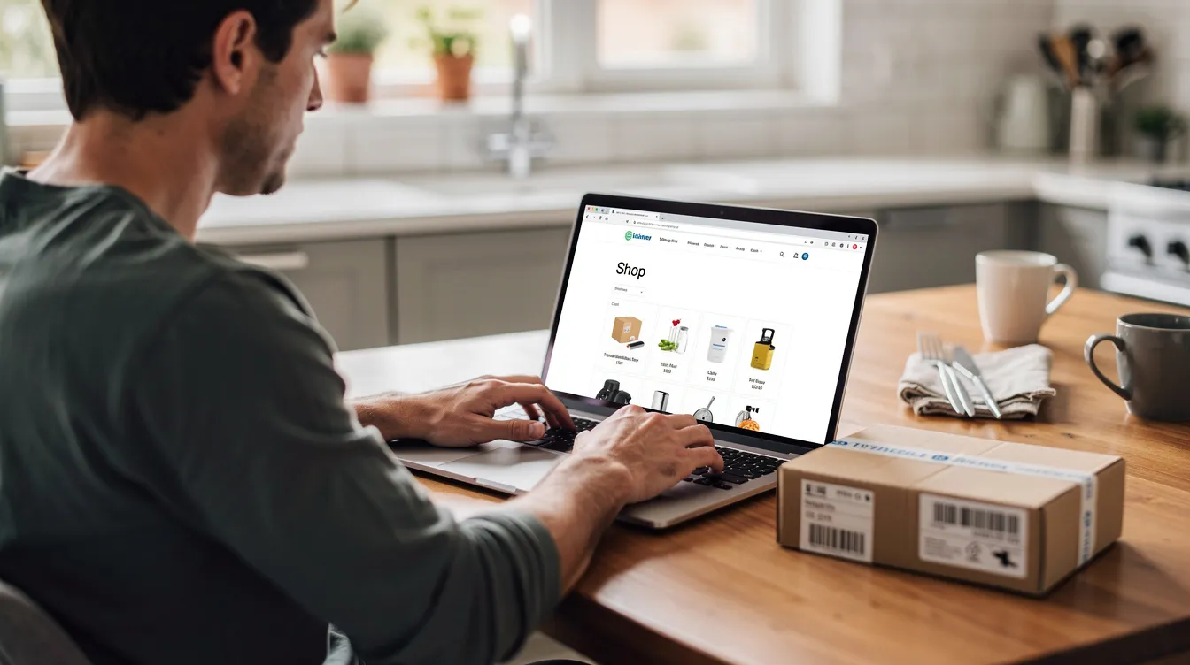 A person is sitting at a kitchen table, browsing hemp-derived products on a laptop, with a small package containing potentially intoxicating hemp products nearby. The setting suggests a casual environment where the individual may be exploring options related to the legal status of cannabis and hemp products in Maine.