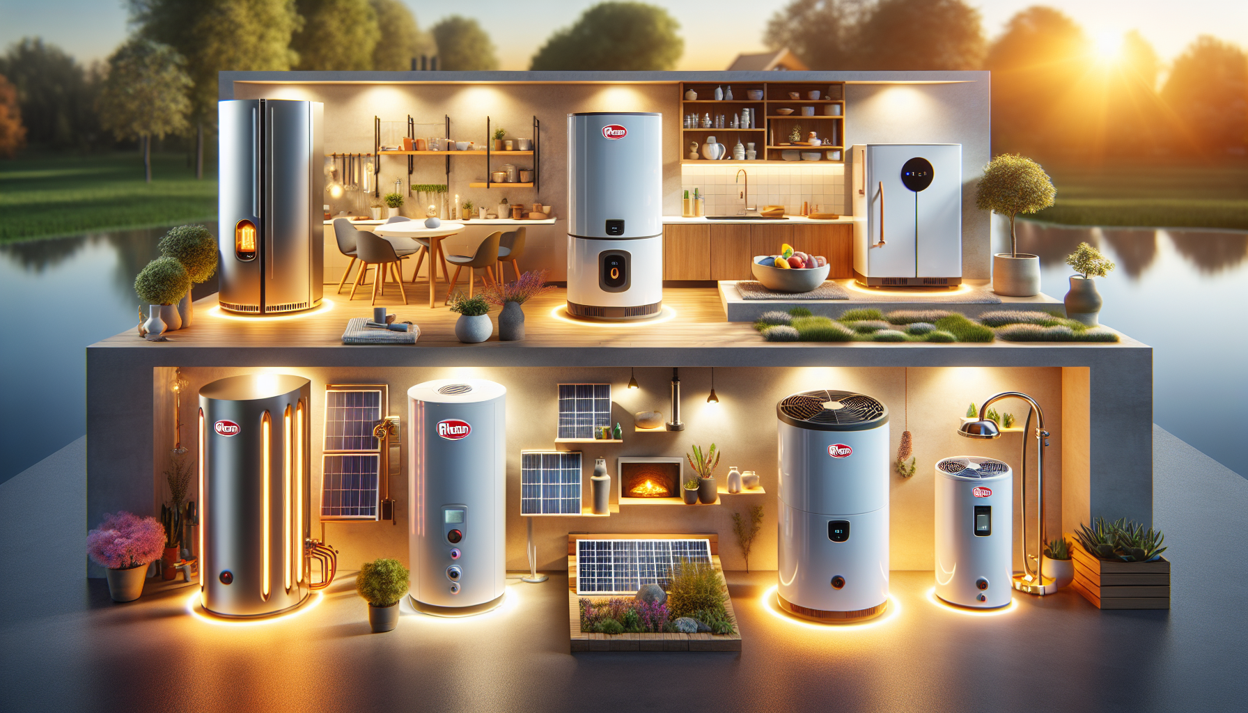 Various Rheem hot water systems including gas, electric, solar, and heat pump options