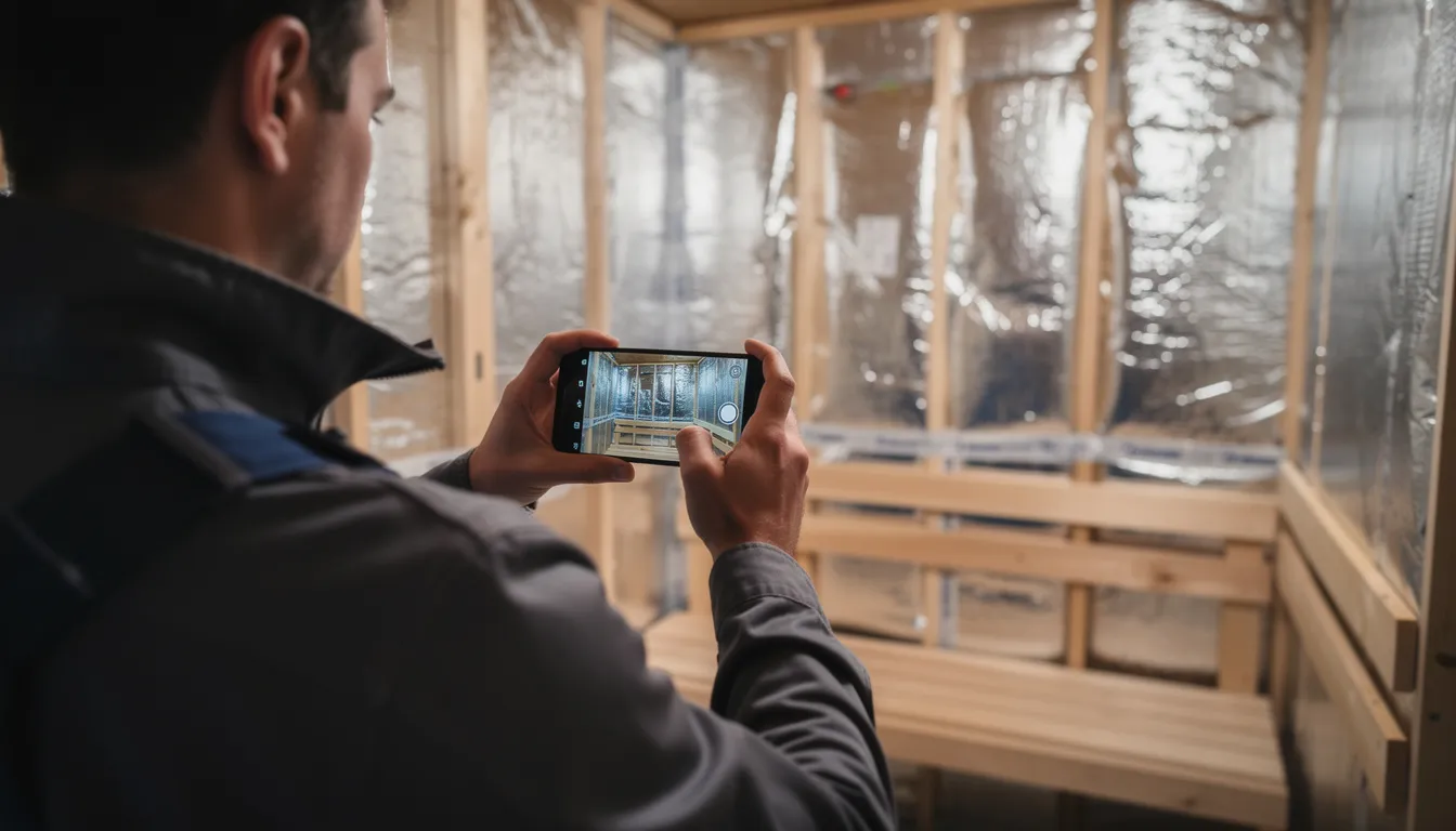 A person is using a smartphone to photograph the installation of a foil vapor barrier behind the sauna walls, ensuring proper insulation and moisture protection before adding paneling. This step is essential for maintaining heat retention and preventing trapped moisture in the sauna structure.