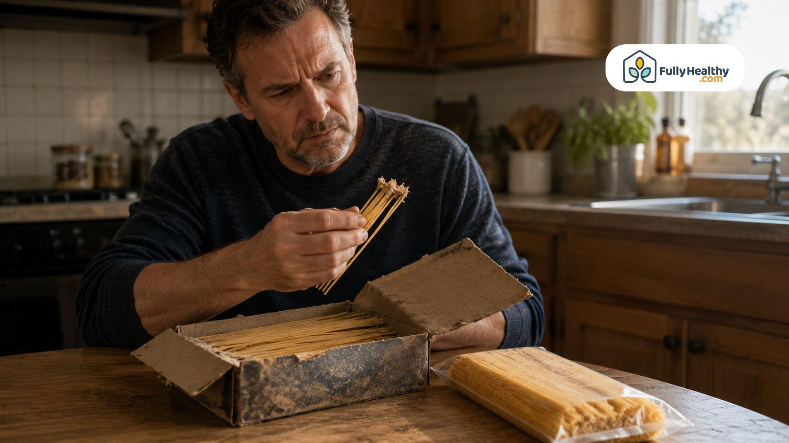 Person inspecting old spaghetti package for spoilage before deciding whether to cook it