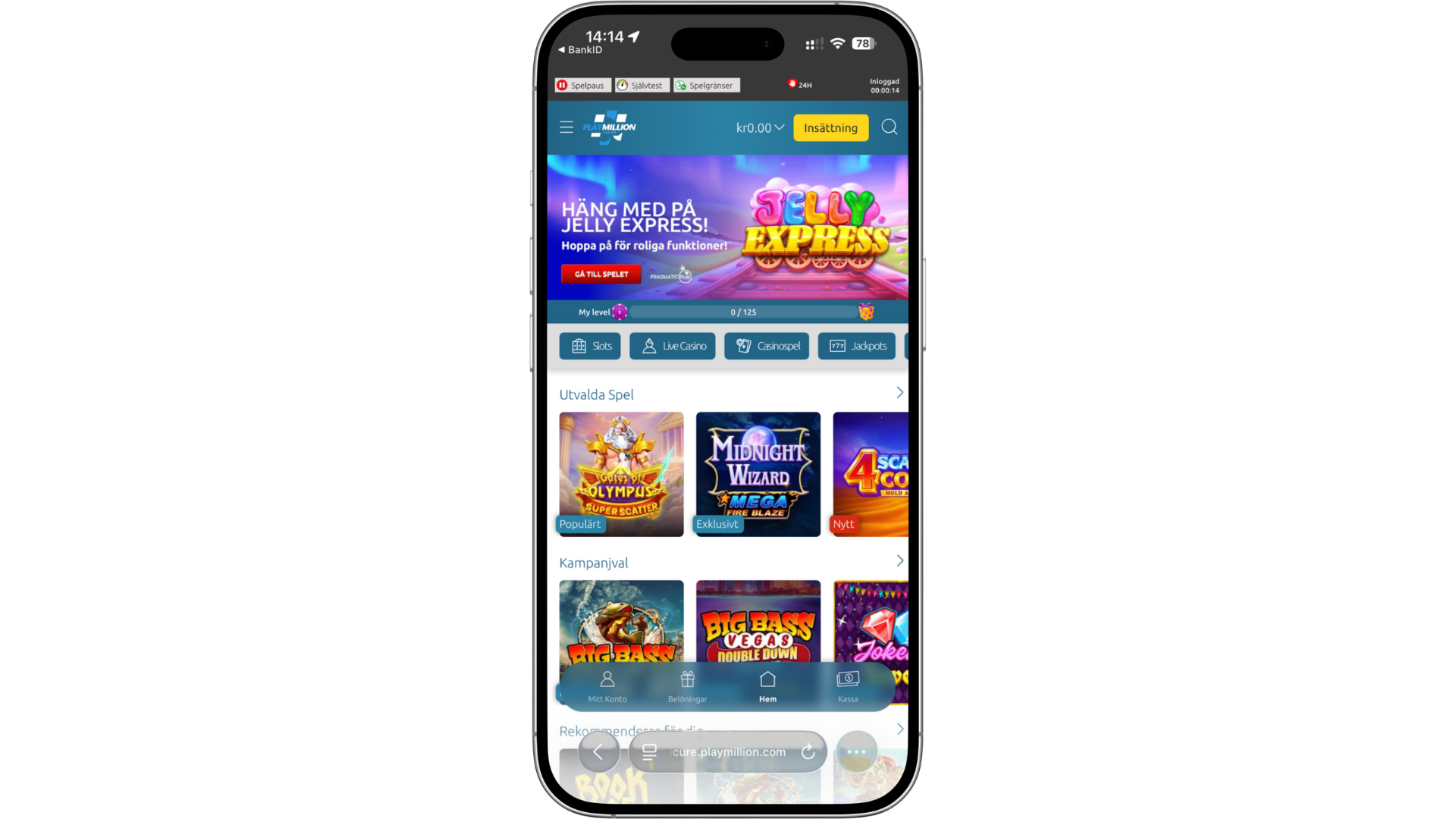 PlayMillion Casino i mobilvy på iPhone med slots, live casino, jackpotspel och kampanjutval i den mobilanpassade webbplatsen.